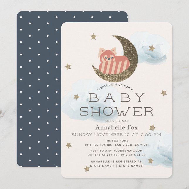 Gold Stars & Crescent Moon Red Panda Baby Shower Invitation (Front/Back)