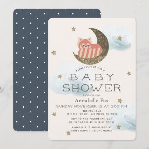 Gold Stars & Crescent Moon Red Panda Baby Shower Invitation