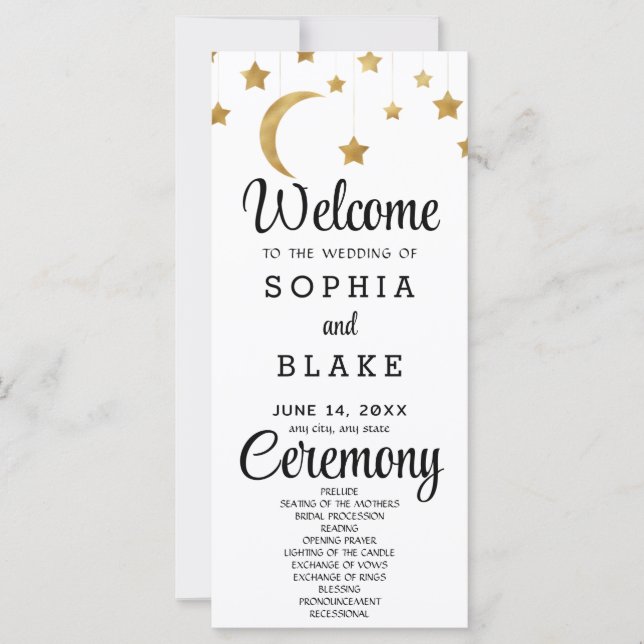 Gold Stars Crescent Moon White Wedding Program (Front)