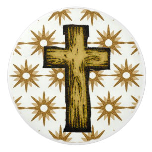 Gold Stars & Cross on White Ceramic Pull