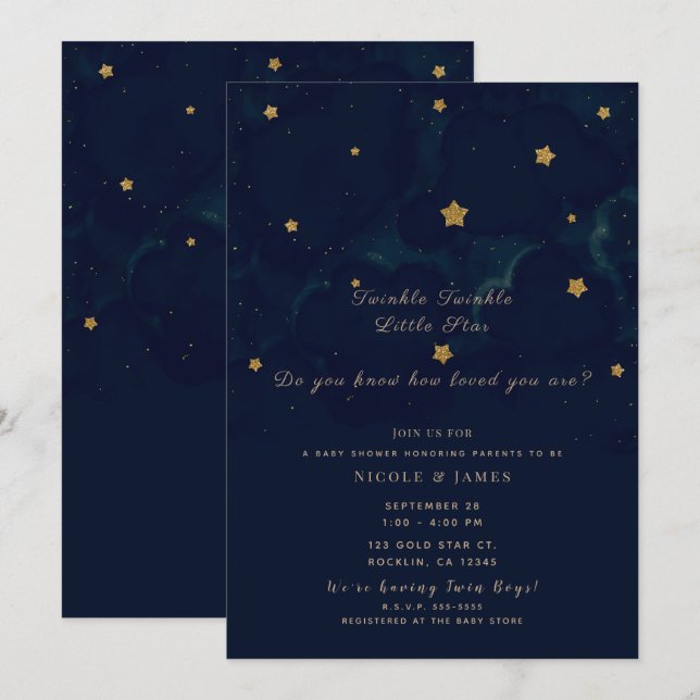 Gold Stars Dark Blue Night Sky Baby Shower Twins Invitation (Front/Back)