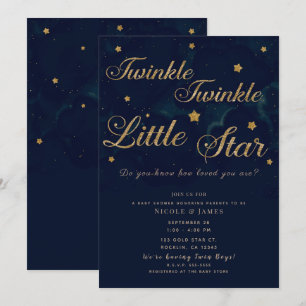 Gold Stars Dark Blue Night Sky Baby Shower Twins Invitation