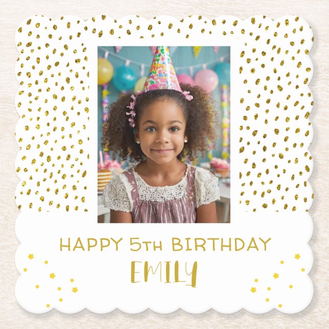 Gold Stars Faux Glitter Birthday Kids Girl Photo Paper Coaster (Front)