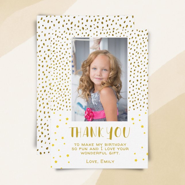 Gold Stars Faux Glitter Birthday Kids Girl Photo Thank You Card (Creator Uploaded)
