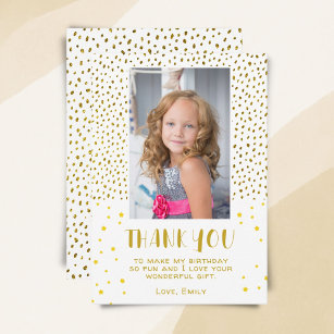 Gold Stars Faux Glitter Birthday Kids Girl Photo Thank You Card