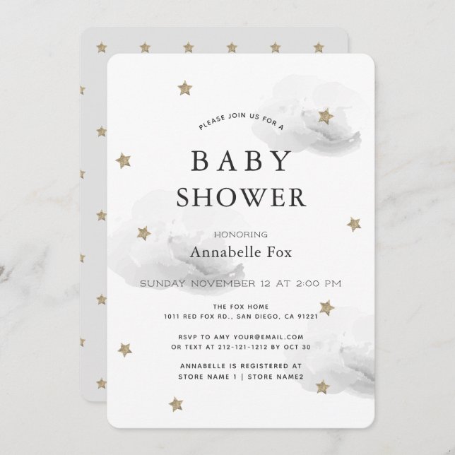 Gold Stars & Fluffy Grey Clouds Baby Shower Invitation (Front/Back)