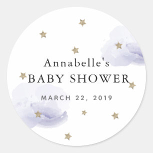 Gold Stars & Fluffy Lavender Clouds Baby Shower Classic Round Sticker