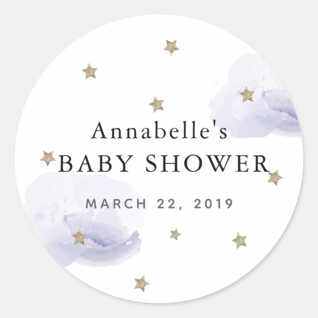 Gold Stars & Fluffy Lavender Clouds Baby Shower Classic Round Sticker (Front)