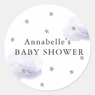 Gold Stars & Fluffy Lavender Clouds Baby Shower Classic Round Sticker