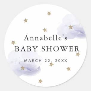 Gold Stars & Fluffy Lavender Clouds Baby Shower Classic Round Sticker