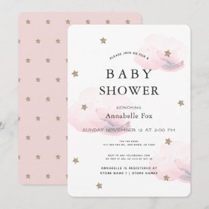 Gold Stars & Fluffy Pink Clouds Baby Shower Invitation