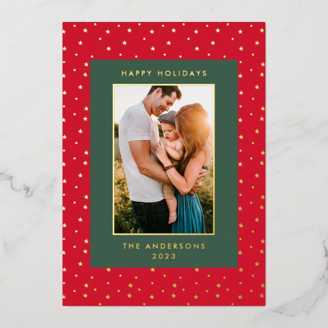 Gold Stars Frame Text Photo Happy Foil Holiday Card (Front)