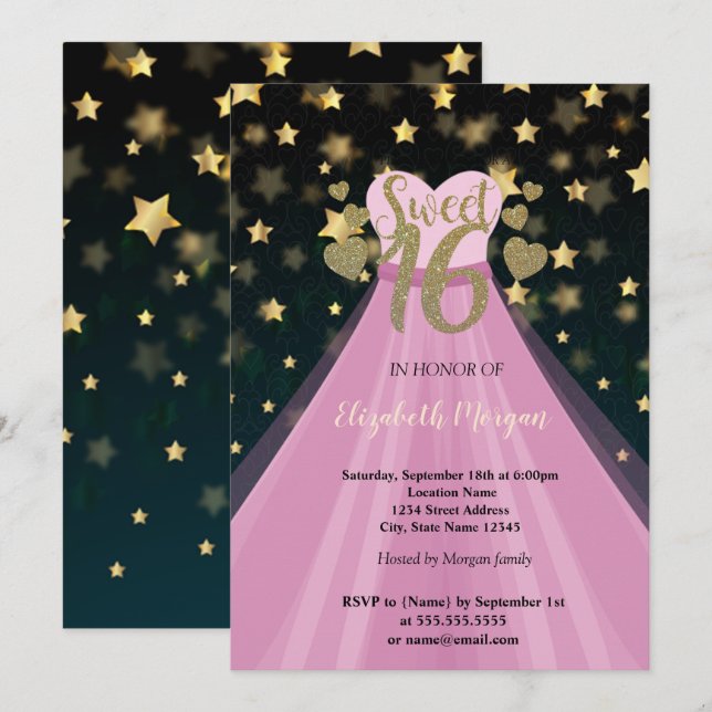 Gold Stars,Glitter, Dress Sweet 16 Party Invitation (Front/Back)