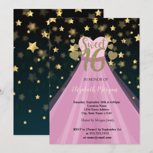 Gold Stars,Glitter, Dress Sweet 16 Party Invitation