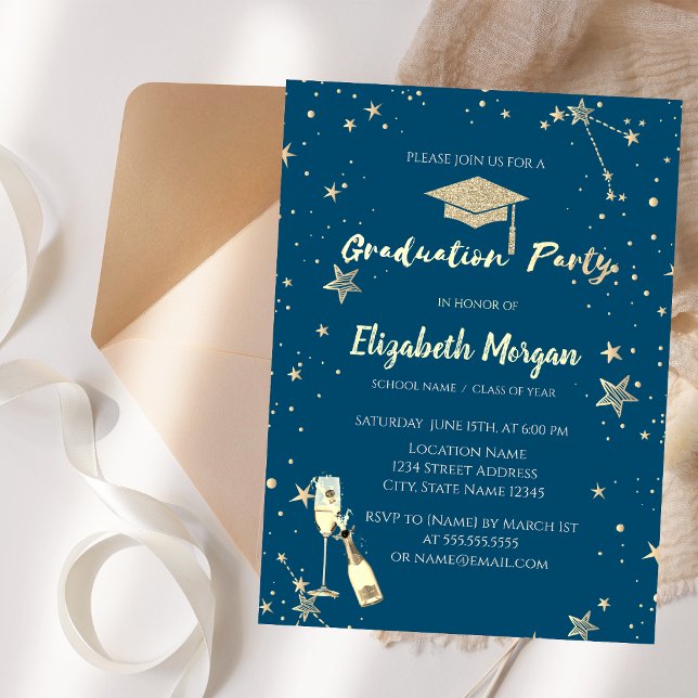 Gold Stars Glitter Grad Cap Invitation (Creator Uploaded)