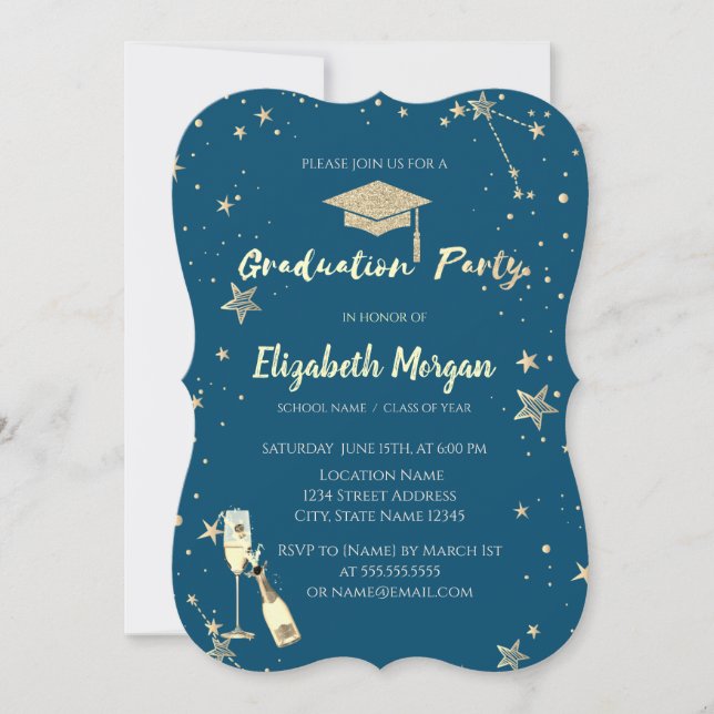 Gold Stars Glitter Grad Cap Invitation (Front)