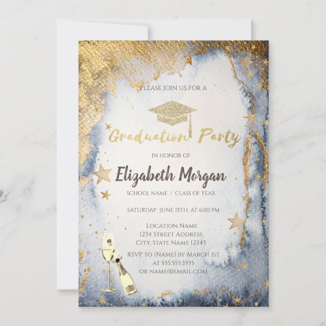 Gold Stars Glitter Grad Cap Watercolor Invitation (Front)