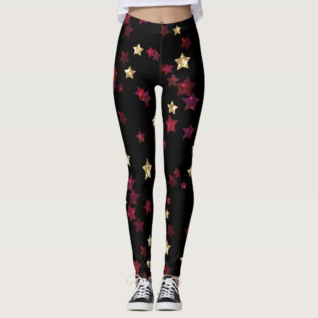 Gold stars, gold, black, red, elegant, glitter leggings (Front)