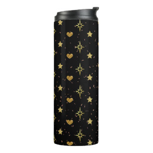 Gold Stars Gold Hearts Patterns in Black  Thermal Tumbler