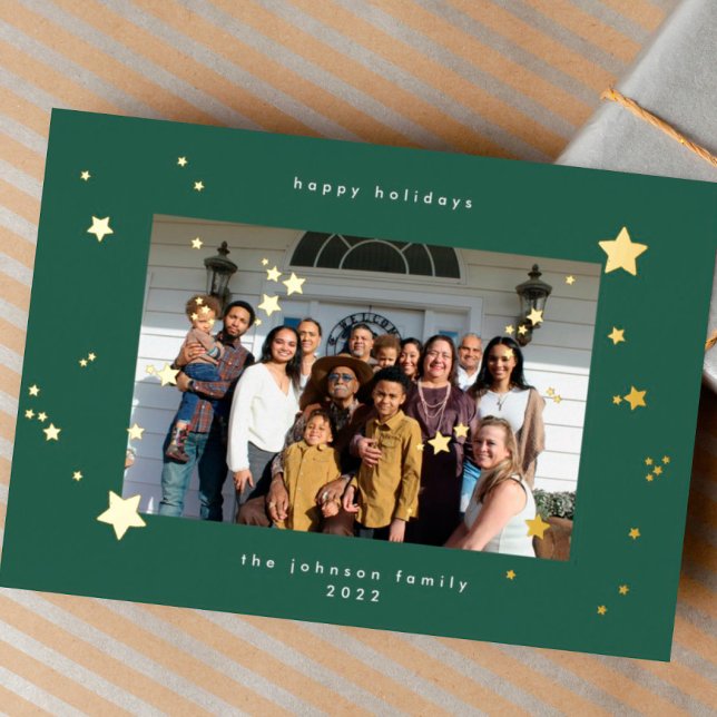 Gold Stars Green Emerald Photo Happy Christmas Foil Holiday Card (Creator Uploaded)