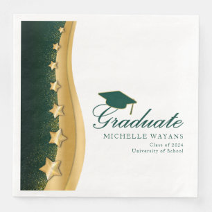 Gold Stars Green Hat Graduation Party Napkin
