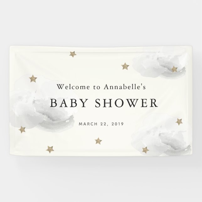 Gold Stars & Grey Clouds Baby Shower Banner (Horizontal)