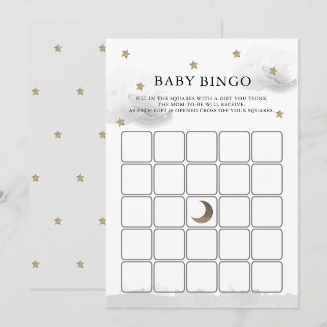 Gold Stars Grey Clouds Baby Shower Bingo Game Card (Front/Back)
