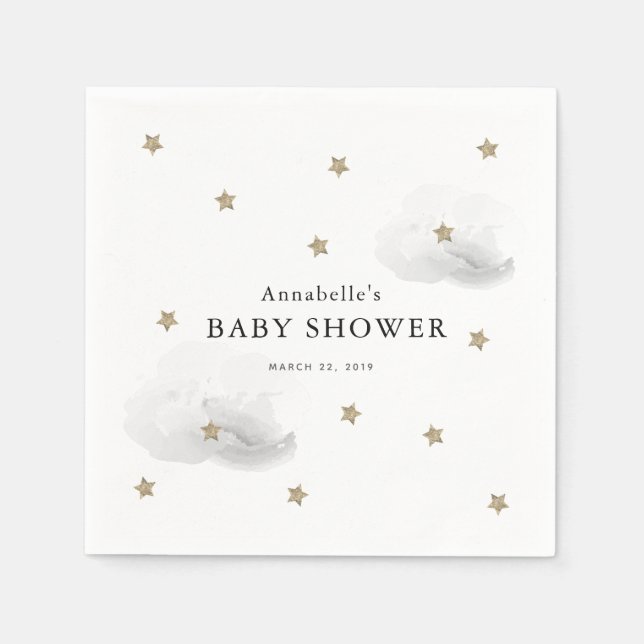 Gold Stars & Grey Clouds Baby Shower Paper Napkins (Front)