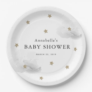 Gold Stars & Grey Clouds Baby Shower Paper Plate