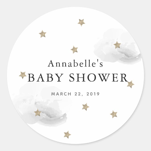 Gold Stars & Grey Clouds Baby Shower Sticker (Front)