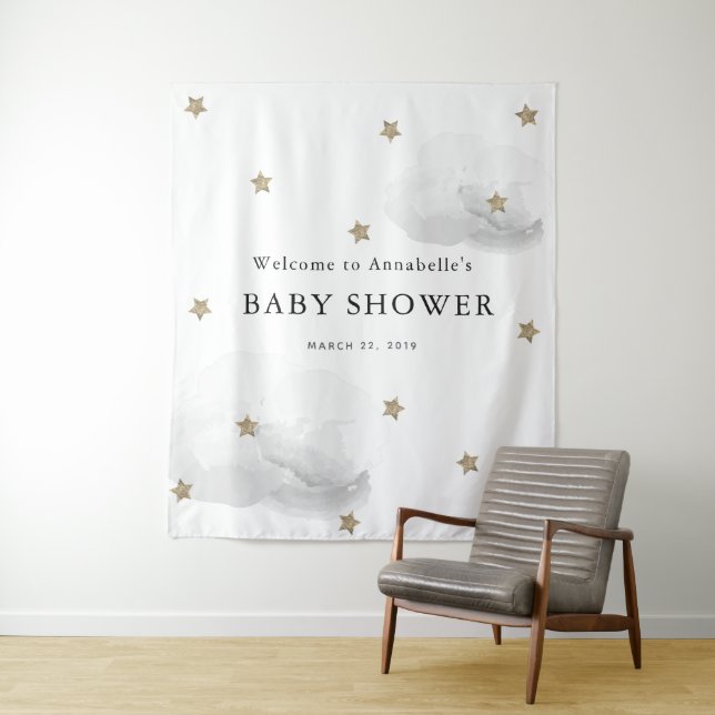 Gold Stars & Grey Clouds Baby Shower Tapestry (In Situ)