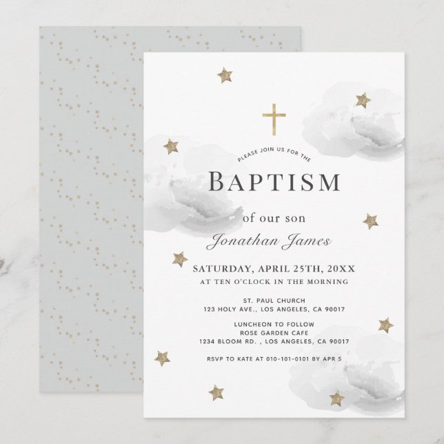 Gold Stars & Grey Clouds Gender-Neutral Baptism Invitation (Front/Back)