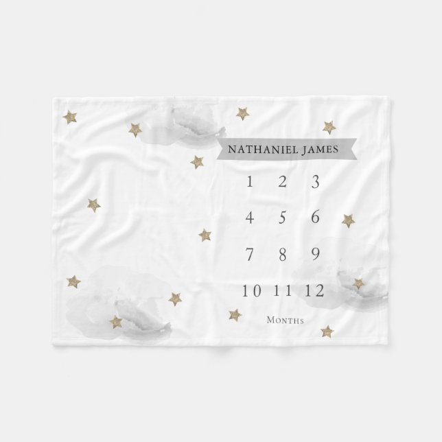 Gold Stars & Grey Clouds Monthly Milestone Fleece Blanket (Front (Horizontal))
