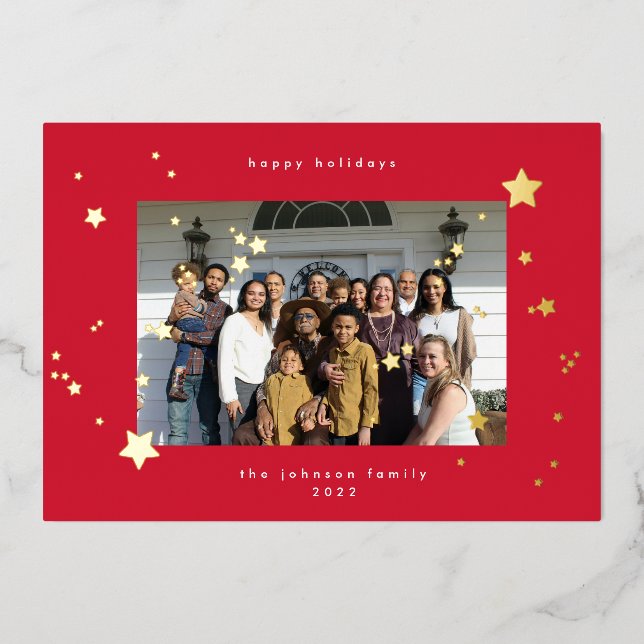 Gold Stars Happy Christmas Red Photo Foil Holiday (Front)
