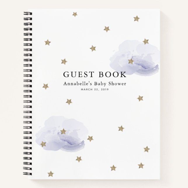Gold Stars Lavender Clouds Baby Shower Guest Book (Front)