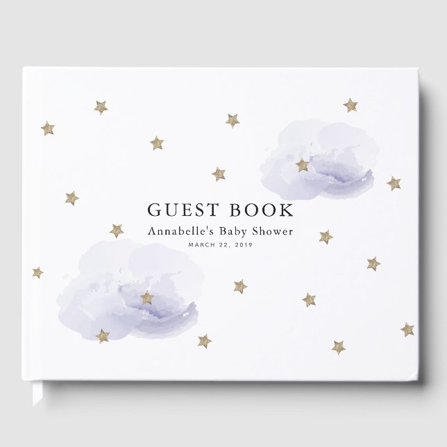 Gold Stars & Lavender Clouds Baby Shower Guest Book (Front)