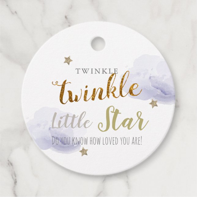 Gold Stars & Lavender Clouds Baby Shower Thank You Favour Tags (Front)