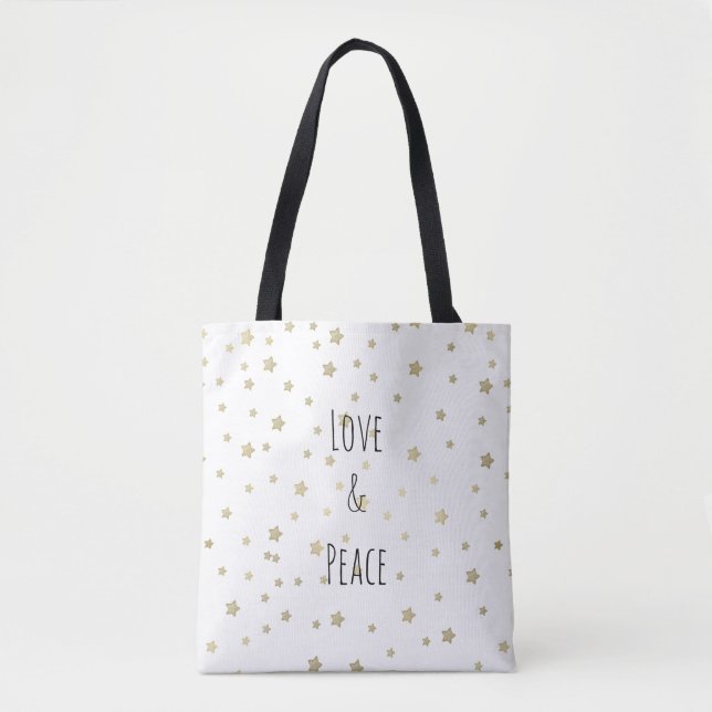 Gold Stars Love and Peace Tote Bag (Front)