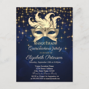 Gold Stars,Masque,Navy Blue Quinceañera Invitation Postcard