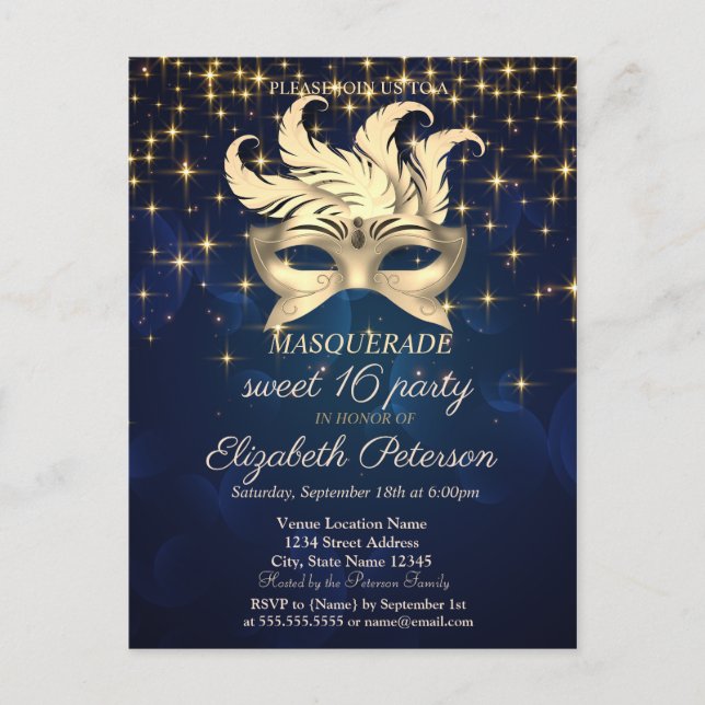 Gold Stars,Masque,Navy Blue Sweet 16 Invitation Postcard (Front)