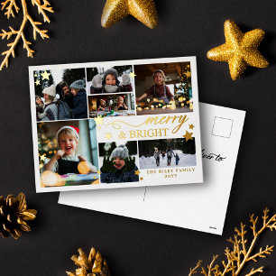 Gold Stars Merry & Bright 7 Photos Foil Holiday Postcard