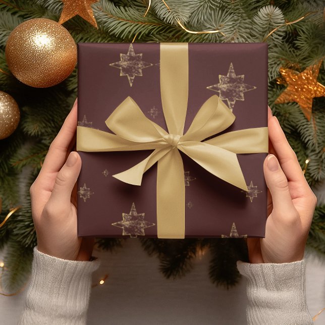 Gold Stars | Merry Christmas Burgundy Gifts Wrapping Paper (Creator Uploaded)