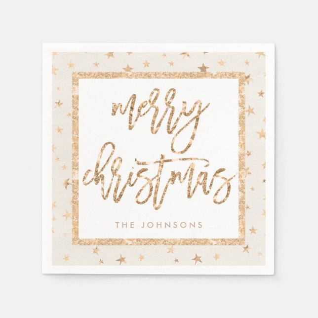 Gold Stars Merry Christmas Cream Paper Napkins (Front)