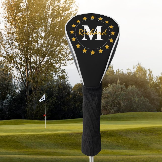Gold Stars Monogram on Black Golf Head Cover (Creator Uploaded)