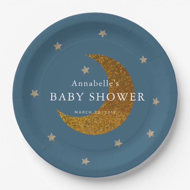 Gold Stars & Moon Baby Shower Paper Plate (Front)