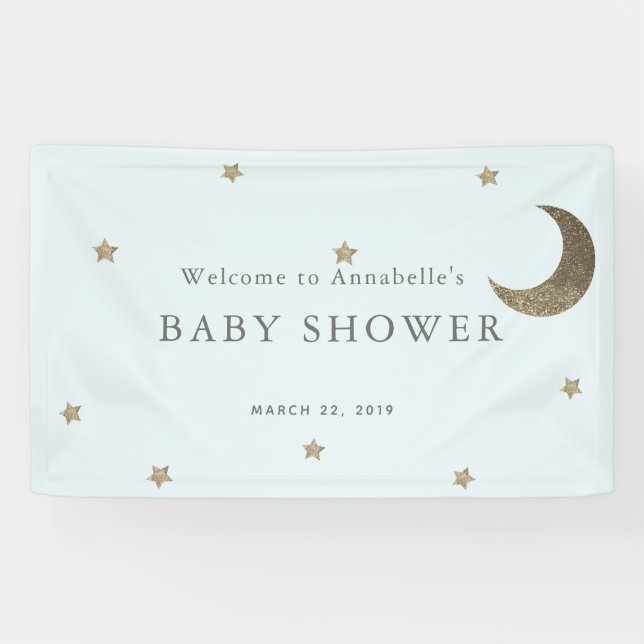 Gold Stars & Moon Blue Baby Shower Banner (Horizontal)