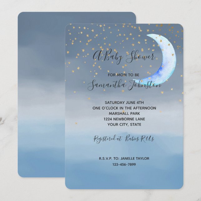 Gold Stars Moon Blue Ombre Invitation (Front/Back)