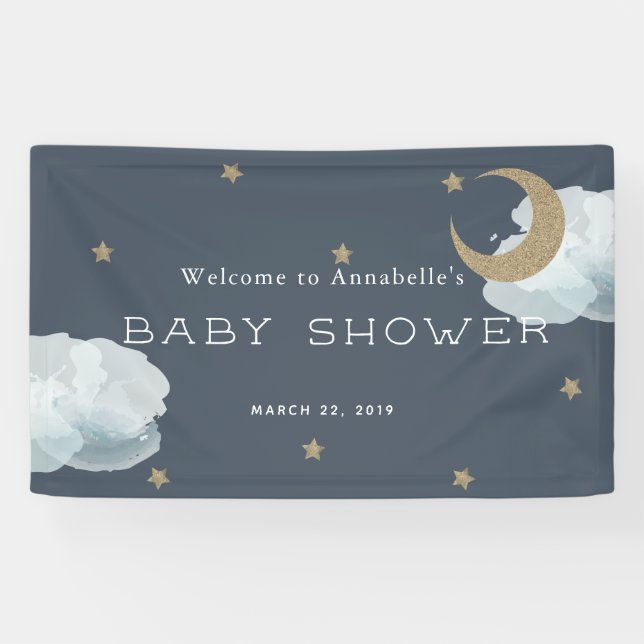 Gold Stars Moon Cloud Navy Blue Baby Shower Banner (Horizontal)
