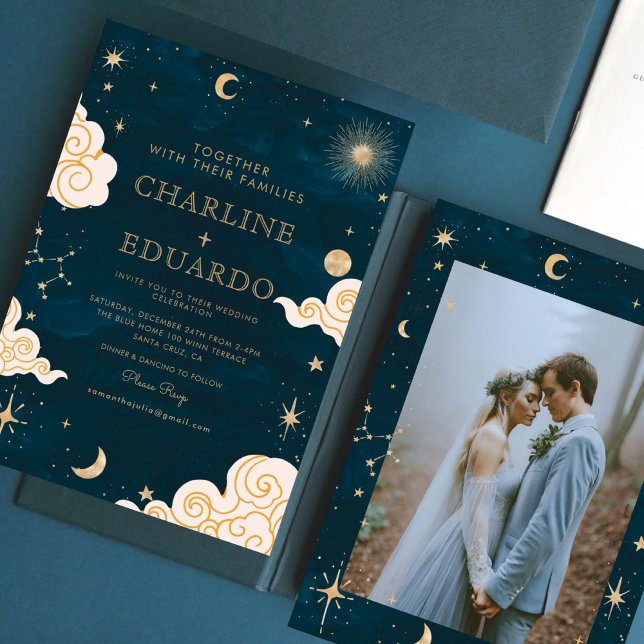 Gold Stars Moon Indigo Celestial Photo Wedding Invitation (Creator Uploaded)