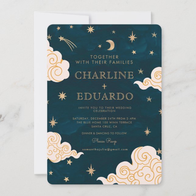 Gold Stars Moon Indigo Celestial Qr Code Wedding Invitation (Front)